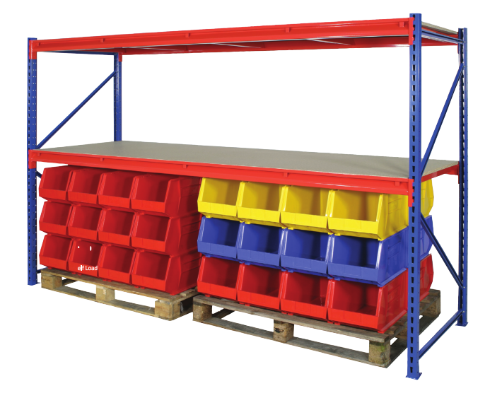 Rivet Racking Longspan two tier shelf shown with plastic storage trays