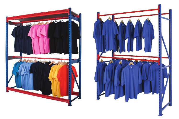 Rivet Racking Longspan two units shown with t-shirts on hangers