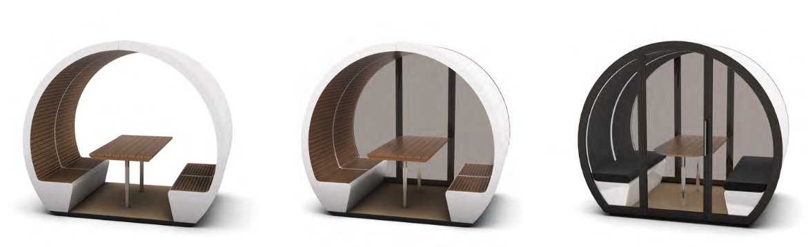 Outdoor Meeting Pod shown with open front and back, part enclosed and fully enclosed