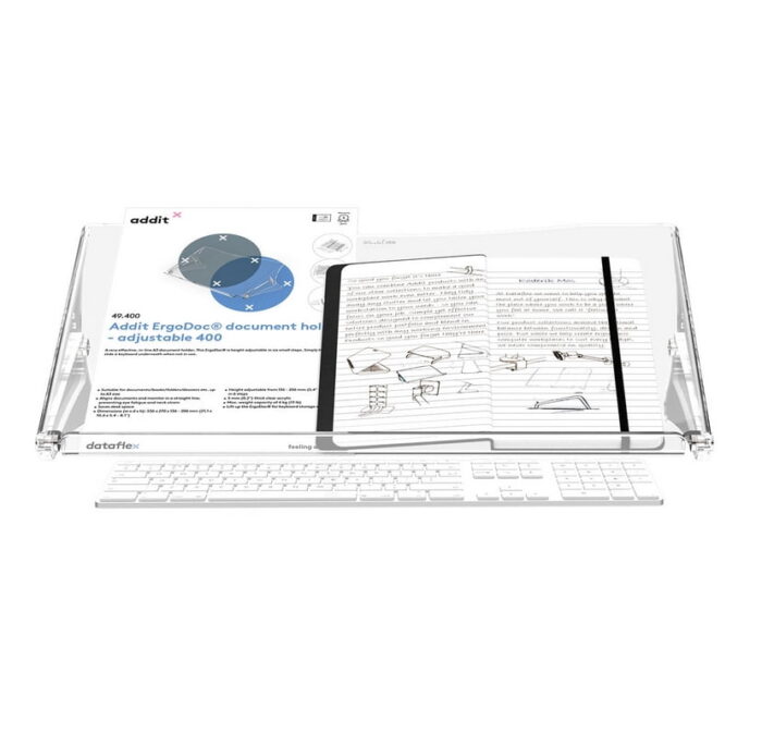 Addit ErgoDoc Document Holder adjustable clear acrylic copy holder shown with a keyboard stowed underneath 49.400