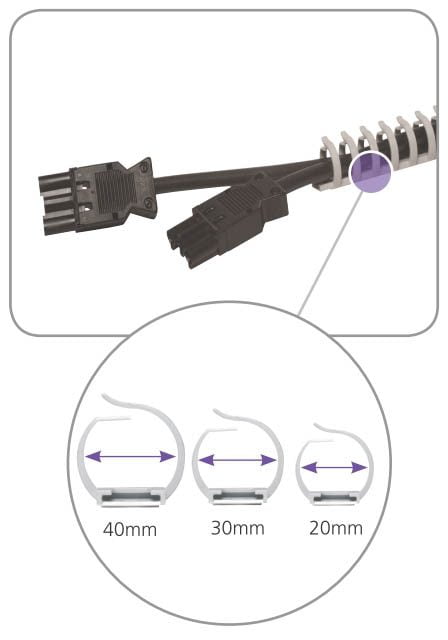 Flexible Cable Trunking showing three diameter sizes