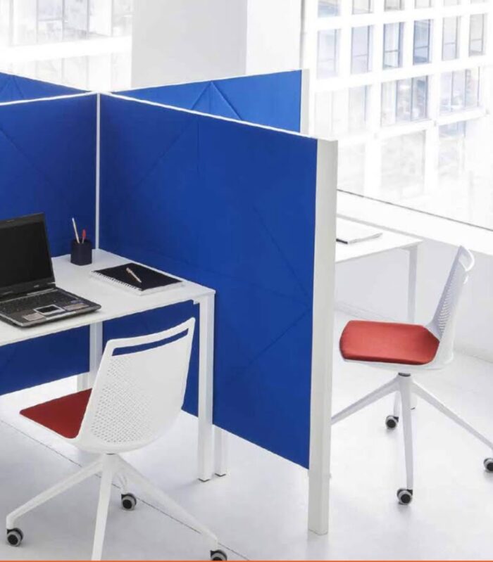 Acoustic Panels Diamante blue floor to above desktop panels with white frames