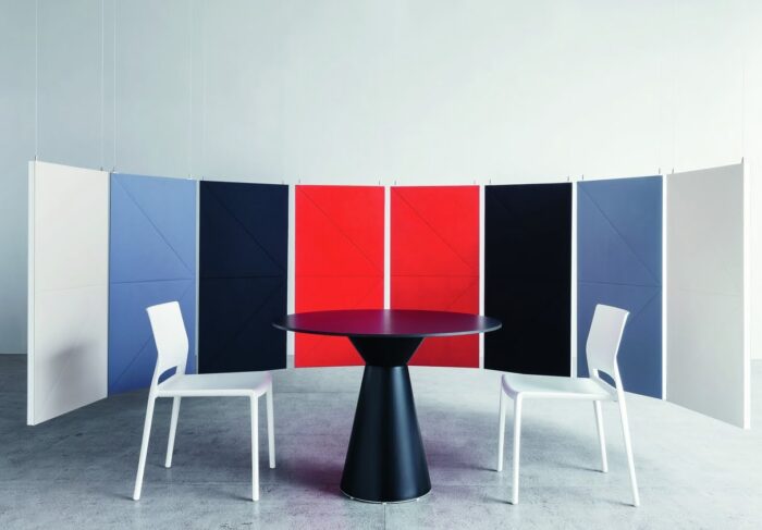 Acoustic Panels Diamante large floor standing panels in a semi circle around a table and chairs