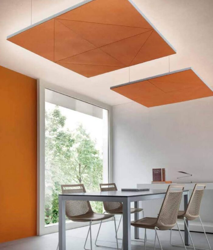 Acoustic Panels Diamante panels suspended from a false ceiling in an office