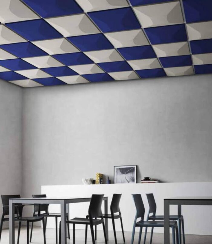 Acoustic Panels Uniko 2 convex panels in grey and blue shown ceiling mounted