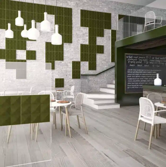 Acoustic Panels green Stilly Piramid panels shown wall mounted in a dining space