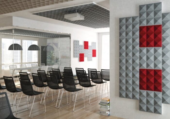 Acoustic Panels wall and ceiling mounted Stilly Piramid faced panels in a meeting room