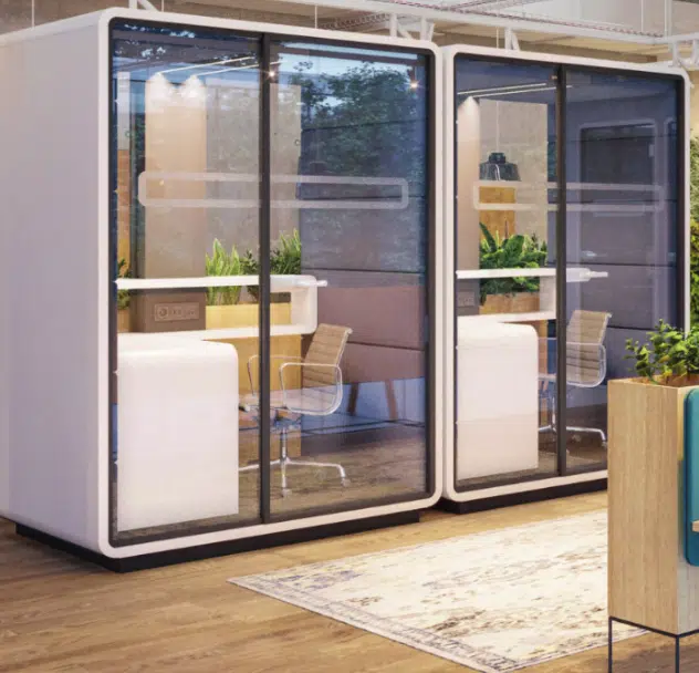 Acoustic Work Pod pair of single user pods sise by side with white exterior