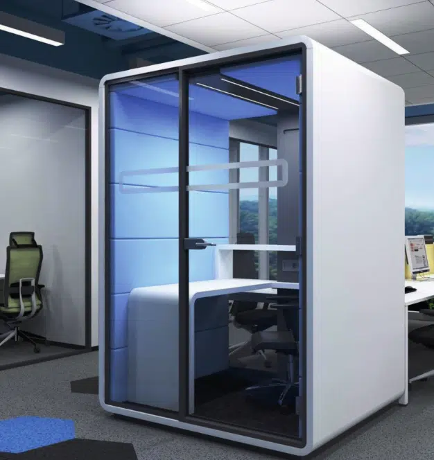 Acoustic Work Pod single booth with white desk and white exterior