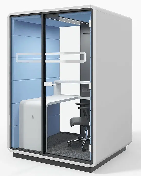 Acoustic Work Pod single booth with white exterior and integrated desk