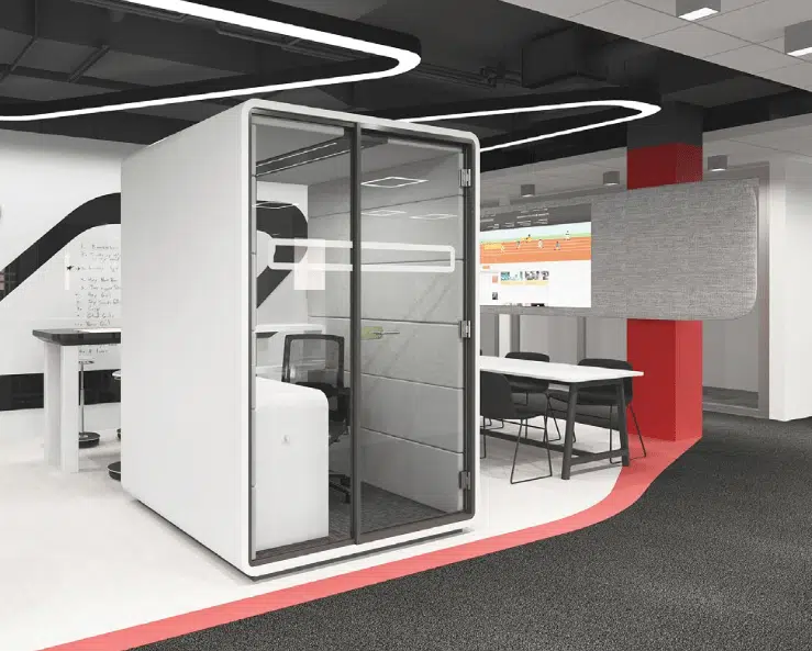 Acoustic Work Pod single user booth with desk with white exterior finish