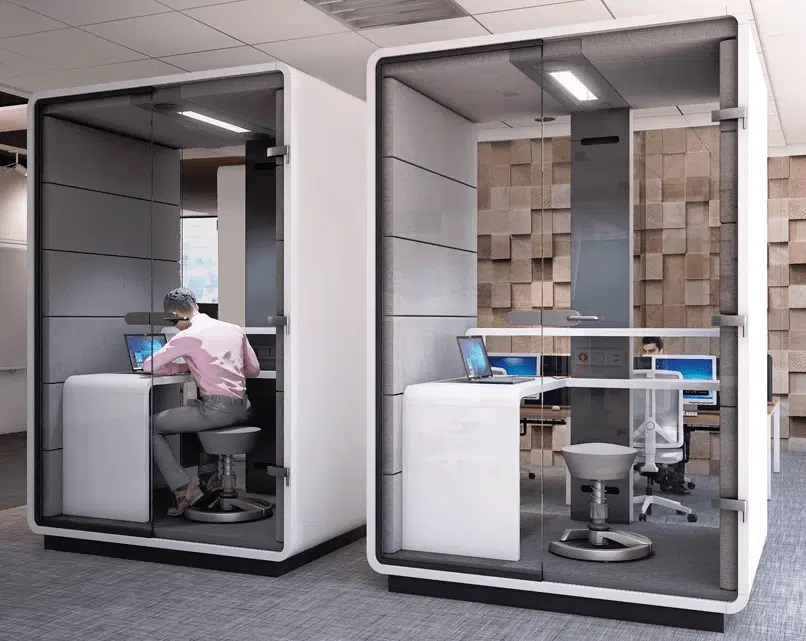 Acoustic Work Pod two single user booths in a row with white exterior