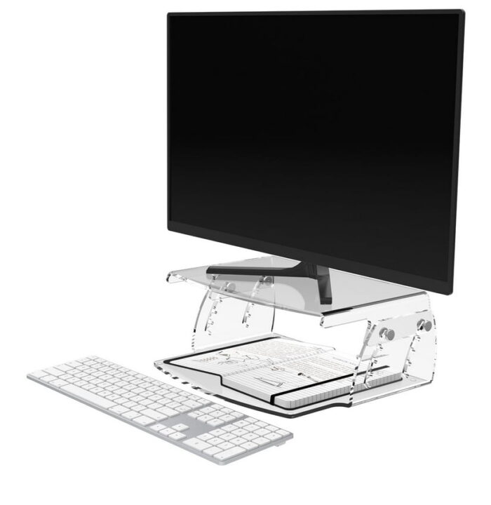 Addit Adjustable Monitor Riser 49.550 shown in high position with a monitor and desktop keyboard