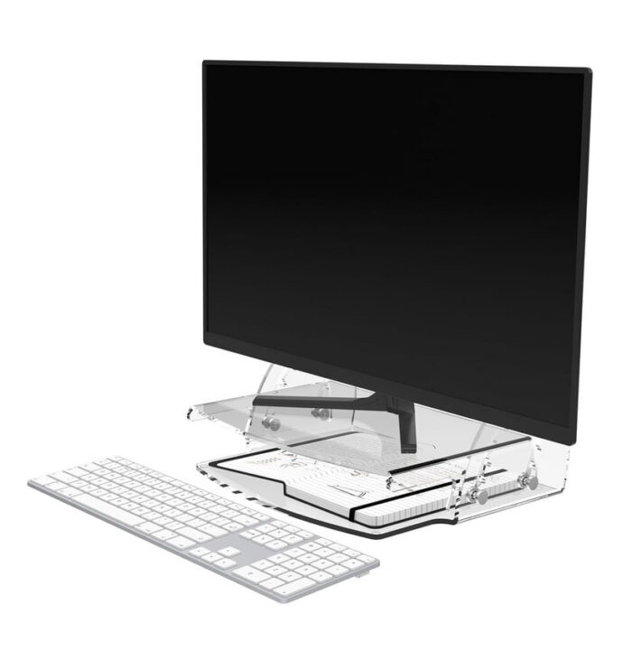 Addit Adjustable Monitor Riser 49.550 shown in lowest position with a monitor and desktop keyboard