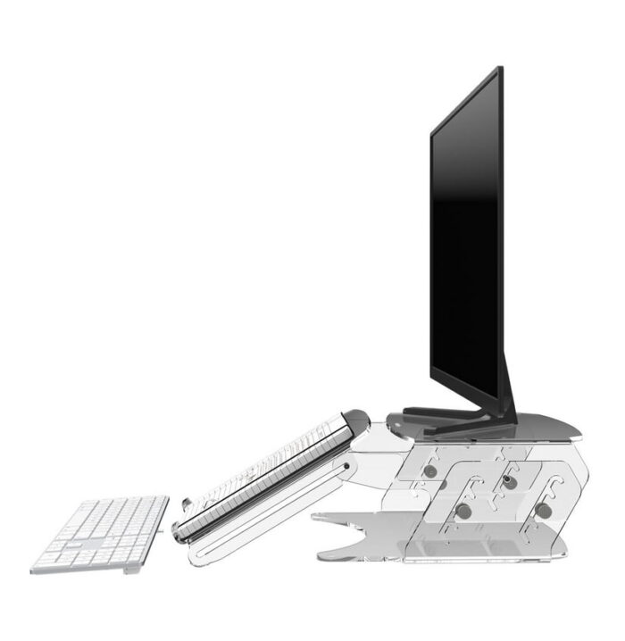 Addit Adjustable Monitor Riser 49.570 profile view with document holder and keyboard on desk top