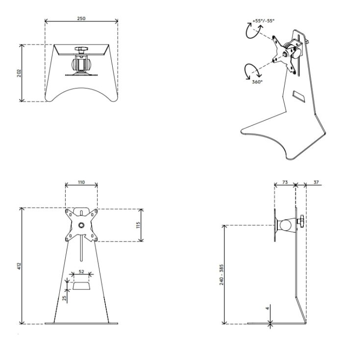 Addit Monitor Stand dimensions for 52.500, 52.502 and 52.503