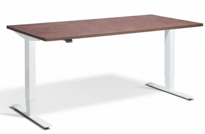 Advance Sit Stand Desk with white frame and a dijon walnut wood effect top