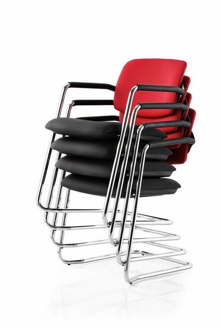Alina Chair 4 stacked armchairs with upholstered seats and inner backs, chrome cantilever frames