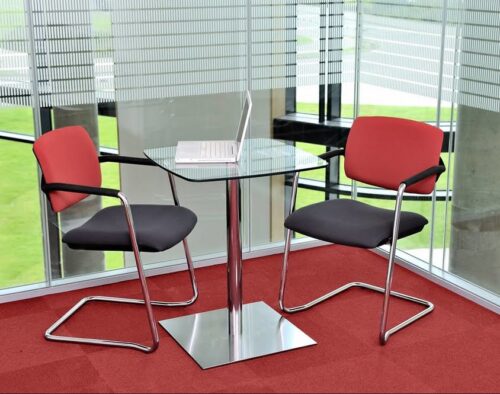Alina Chair two armchairs with upholstered seats and inner backs, plastic outer backs and chrome cantilever frames sh