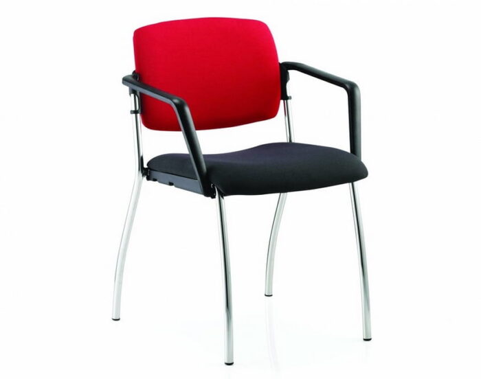 Alina Chair with arms, upholstered seat and inner back, plastic outer back and a chrome 4 leg frame