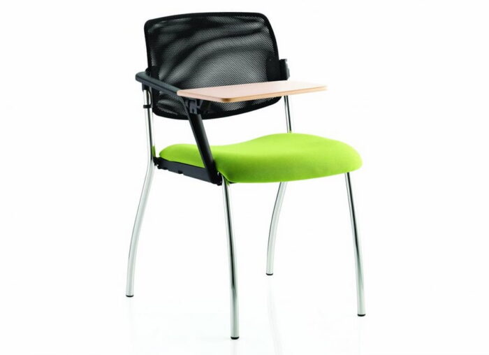 Alina Chair with right hand tablet, upholstered seat, mesh back and a chrome 4 leg frame