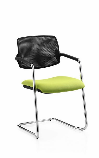 Alina Chair with self arms, upholstered seat and mesh back, chrome cantilever frame