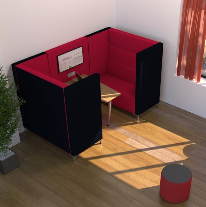 Amity Booth media booth with two-tone upholstery, a table, power module and TV screen - screen not supplied