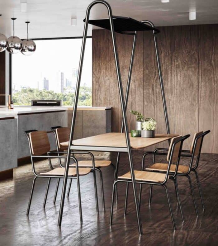 Antalya Chair shown with an Antalya gantry dining table in a breakout space
