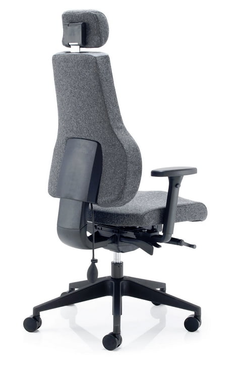 Apex Posture Back Care Chair back view of chair with black arms and black nylon base on castors AP1-A4