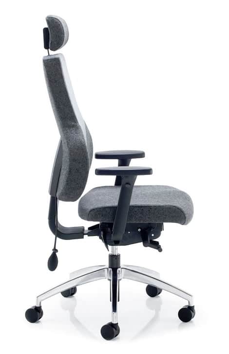 Apex Posture Back Care Chair side view of chair with two tone upholstery, headrest, black arms and chrome stiletto base on castors AP1-A4