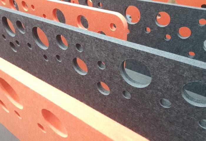 Arc Acoustic Desk Screens with bubble cut-outs in orange and grey