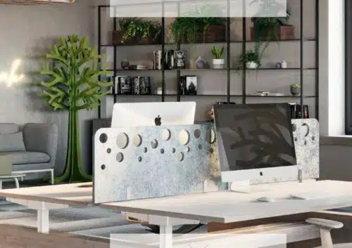 Arc Acoustic Desk Screens with bubble cut-outs shown fitted on a face to fact desk