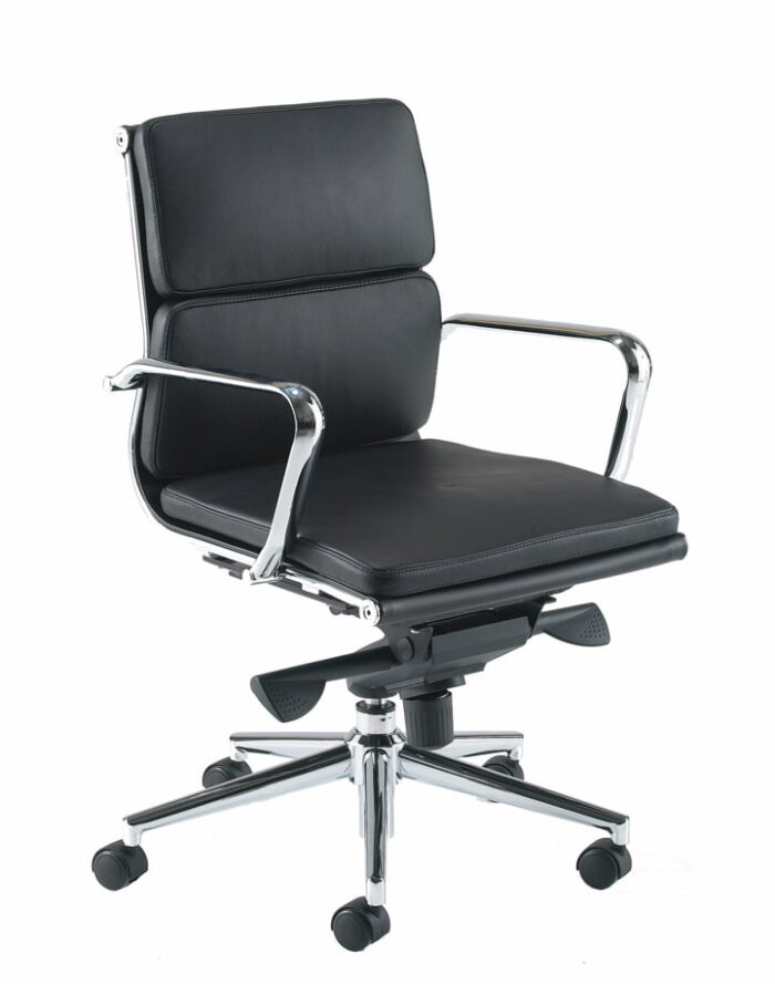 Aria C Executive Chair with medium back, upholstered in black leather with chrome arms and 5 star chrome base with castors