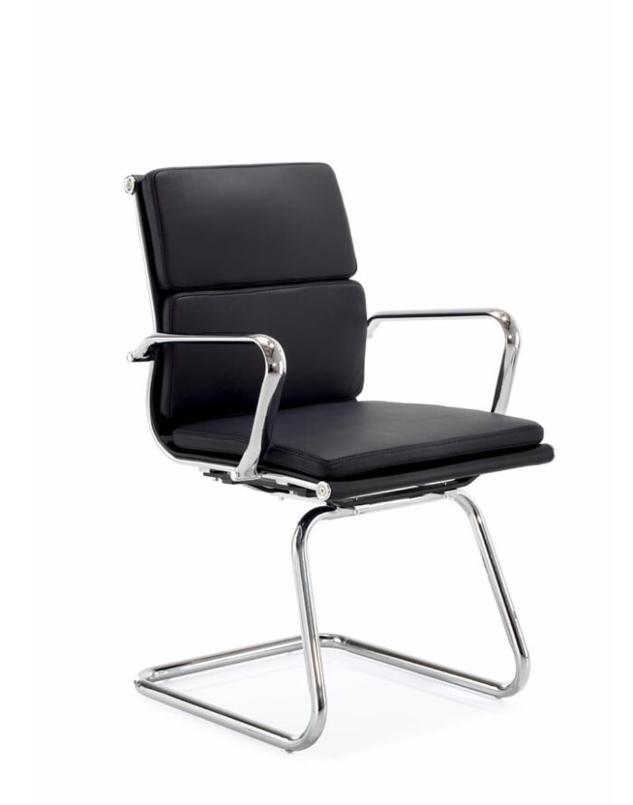 Aria C Executive Chair with medium back, upholstered in black leather with chrome arms and cantilever frame