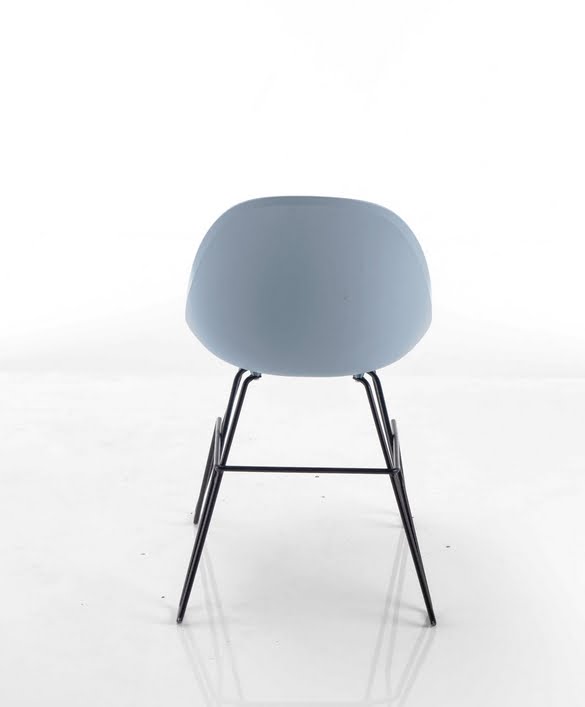 Arris Chair rear view of chair with a blue polypropylene shell and black steel frame ARRIS