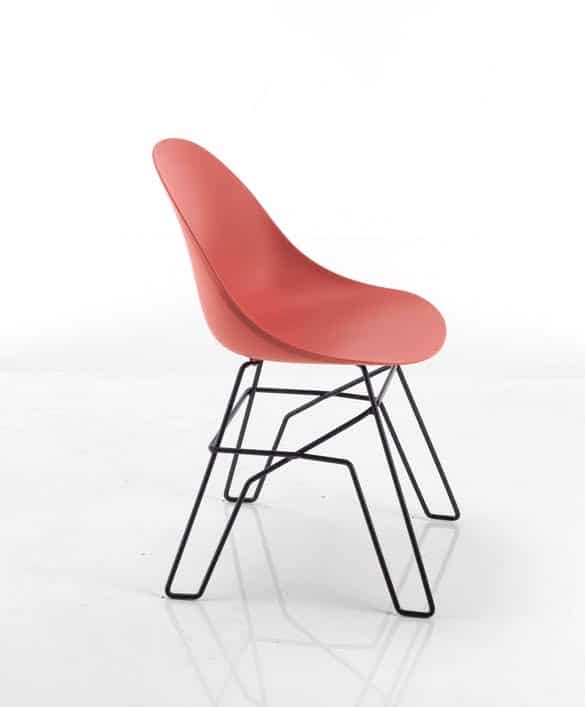 Arris Chair side view of chair with a red polypropylene shell and black steel frame ARRIS