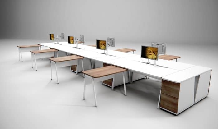 Ascend Desk - bank of 8 desks with desk returns and desk high pedestals