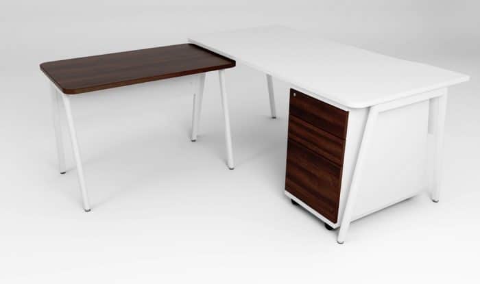 Ascend Desk shown with a desk return and under desk pedestal, in white and walnut finish