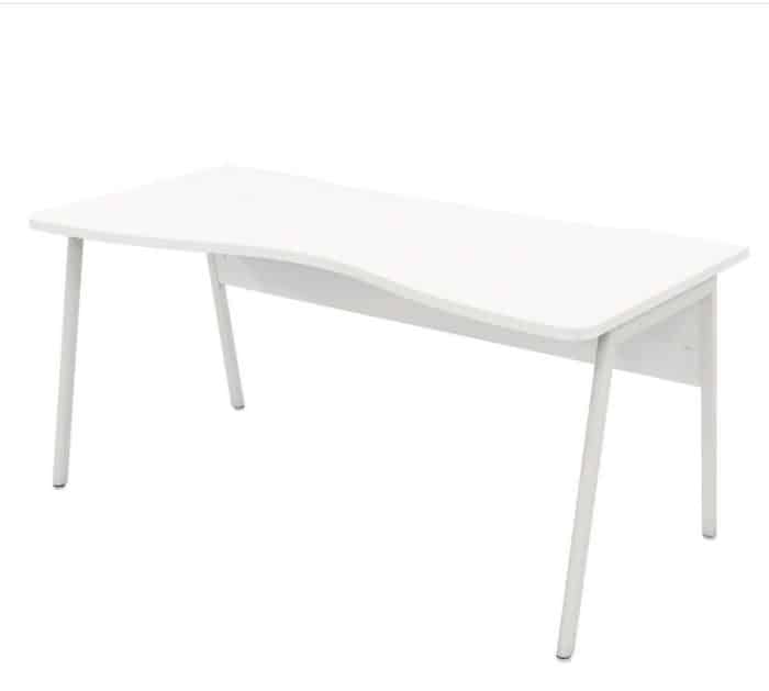 Ascend Desk with double wave top in white, white modesty panel and angled frame