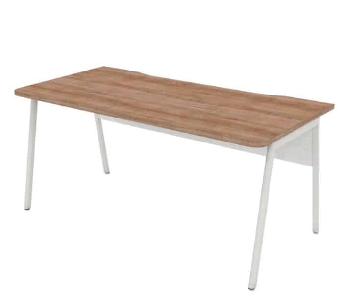 Ascend Desk with rectangular top in birch, white modesty panel and angled frame