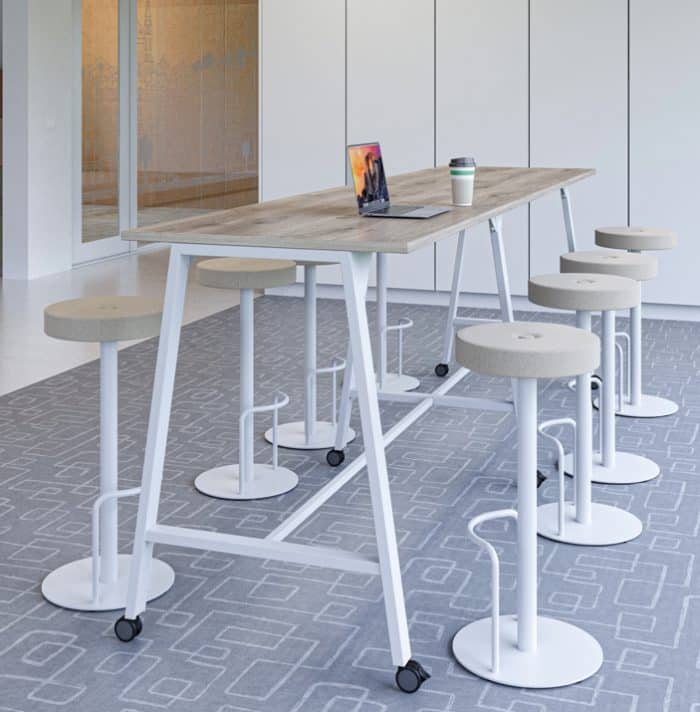 Aspect Tables - 800mm deep mobile A frame table shown with Lunar stools