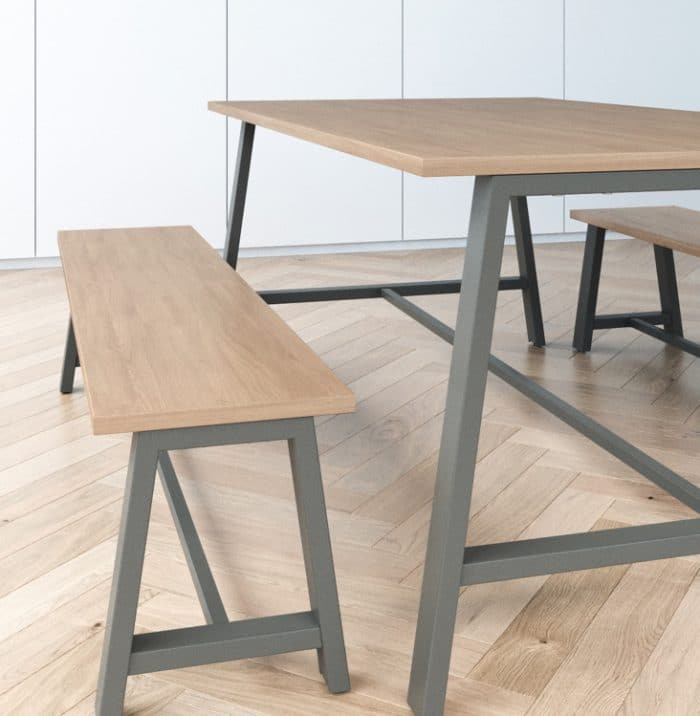 Aspect Tables - A frame table and bench seats shown with Stone Grey finish