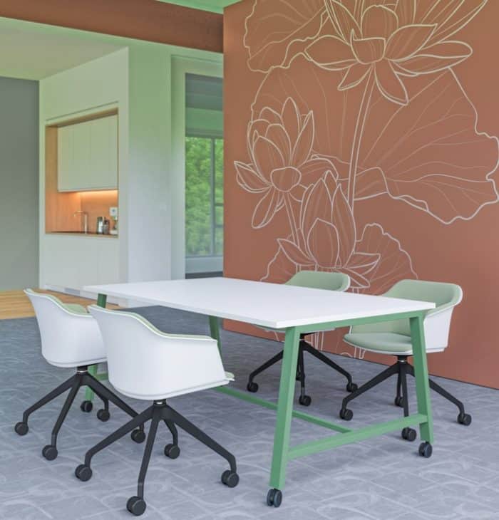 Aspect Tables - mobile A frame table with Pale Green frame shown with Wave chairs