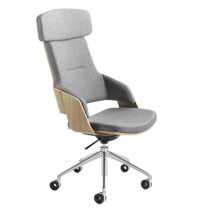 Assemble Executive Chairs high back with head rest, chrome base and natural oak shell