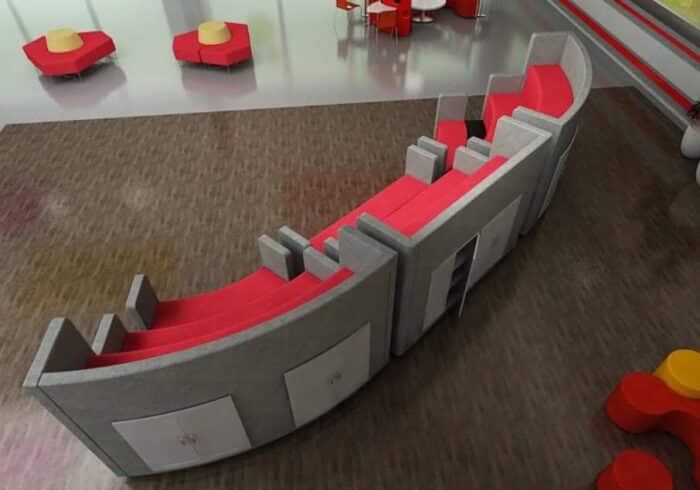 Attune Tiered Seating 3 tier curved configuration in an open plan space showing rear storage compartments