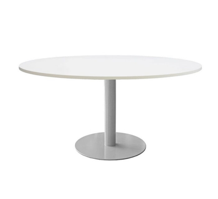 Aurora Meeting Table with white circular top and single pedestal base in steel finish