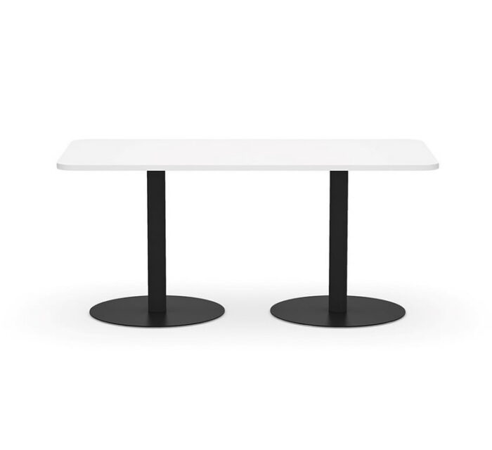 Aurora Meeting Table with white top and black double pedestal round disc base
