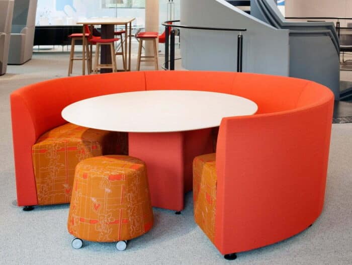 Away From The Desk Soft Seating curved seating configuration with table in orange upholstery AD-87 C