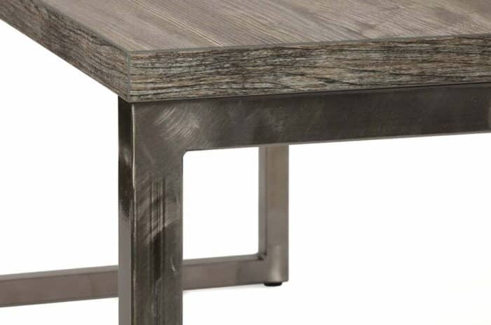 Axiom Table & Bench showing close-up of rustic top and raw steel frame
