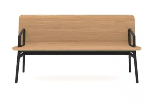 Axyl Bench with oak veneer ply shell and black frame and arms